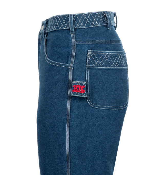 Image 4 of 4 - BLUE - BODE Embroidered Denim Knolly Brook Trousers featuring straight-leg fit, hammer loop detail, button and zip fastening, embroidery along the waistband and hem and a "Knolly Brook, a Bode Product" label above the front right pocket. 100% cotton. 