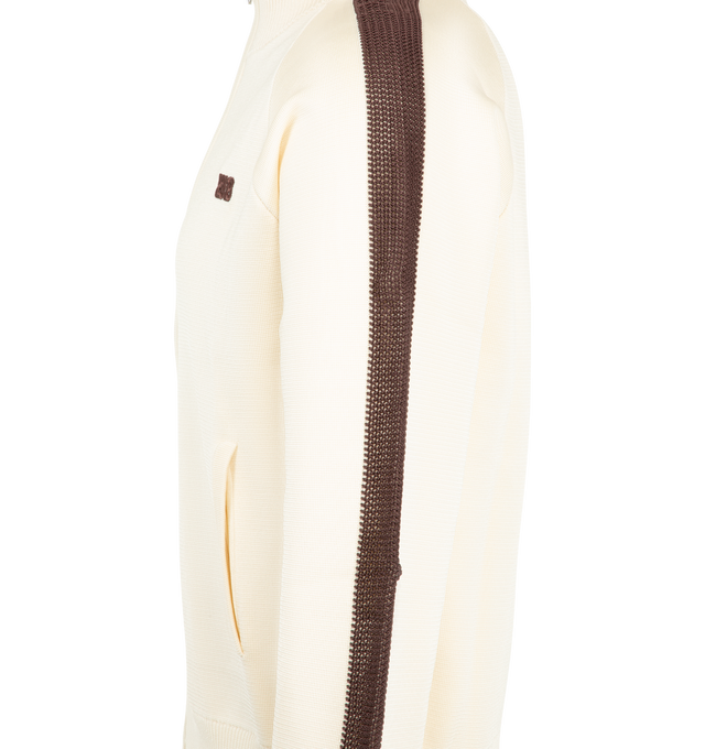 Image 3 of 3 - NEUTRAL - Wales Bonner Men's Tide Track Top is crafted from a viscose-poly knit and features the brand's signature track jacket silhouette in an ivory colorway. Detailed with crochet stripe accents along the sleeves, this refined sportswear style is finished with a double-zip front closure and a stand collar for versatile styling. 80% Viscose, 20% Polyester.  