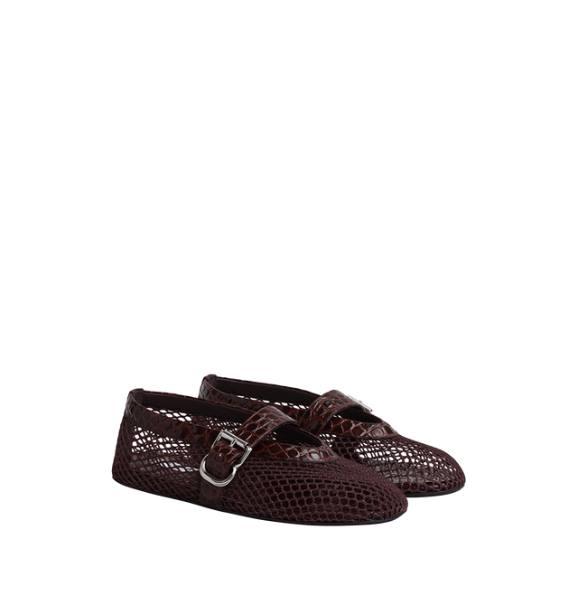 Image 1 of 1 - RED - Alaa Women's Fishnet and Crocodile-Embossed Calfskin Ballet Flats feature a black fishnet textile upper with crocodile-embossed calfskin trims, strap, and insole. Inspired by traditional Japanese footwear, the design is finished with an adjustable buckle strap. Upper: 100% Polyamide and 100% Calf Leather. Main Lining: 100% Lamb Leather. Secondary Lining: 100% Calf Leather. Sole: 100% Rubber. Buckle: 100% Zamak. Made in Italy. 