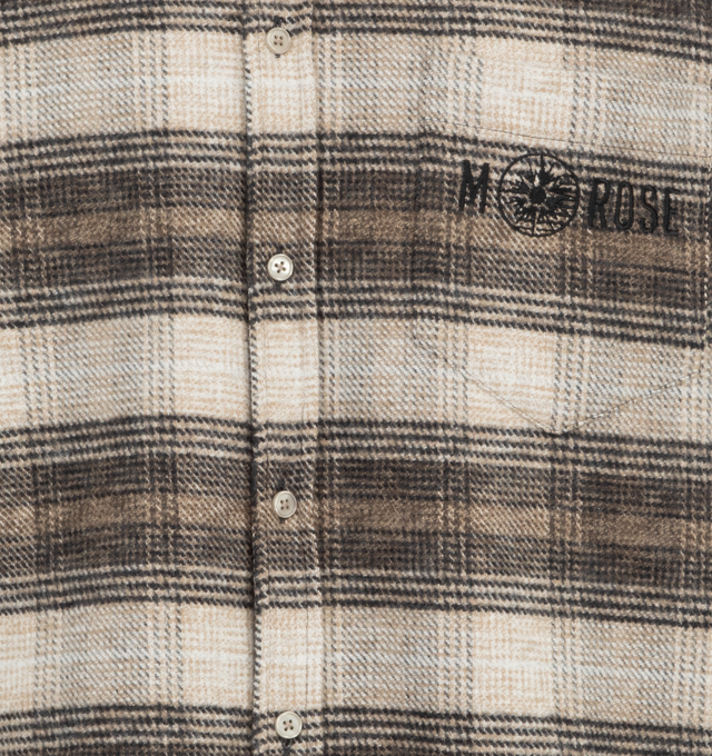 Image 3 of 4 - BROWN - Martine Rose Plaid Overshirt has a fold-down collar, a front button closure, embroidered artwork on the chest and the back, and button cuffs.  