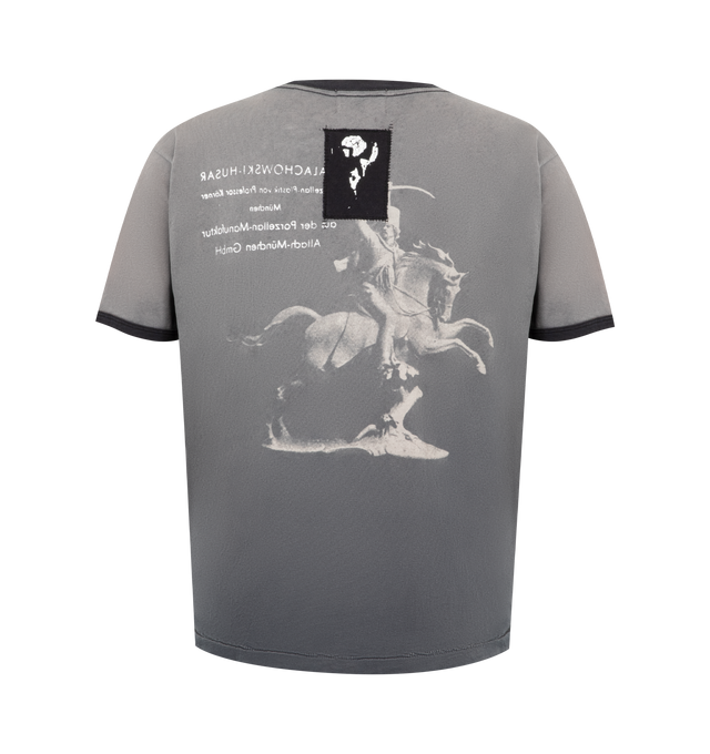 Image 2 of 2 - GREY - Enfants Riches Dprims Mens Porcelain Dog Patch Ringer T-Shirt is crafted from lightweight vintage-texture cotton jersey. Features a slim fit, ribbed crew neckline, ribbed sleeve cuffs, single-stitch hem, printed artwork at the front and back, printed artwork patch at the back, signature vintage wash, and heavy distressed detailing throughout. Main Material: Cotton Jersey. Made in USA. 