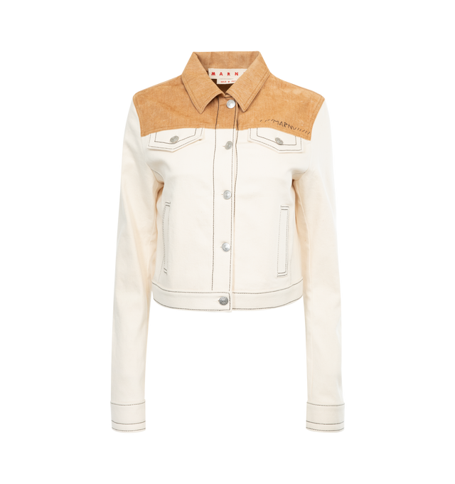 Image 1 of 2 - WHITE - MARNI Denim Trucker Jacket featuring dyed fabric yoke and contrast stitching, regular fit, flap and welt pockets, hand-stitched Marni mending logo with flower detail on the yoke and rear leather logo patch. 97% cotton, 3% elastan. Made in Italy. 