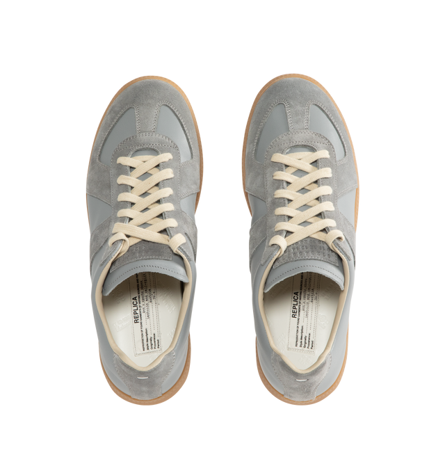 Image 5 of 5 - BLUE - MAISON MARGIELA Replica Sneakers featuring lace-up sneakers in buffed nappa calfskin and calfskin suede, contrasting sole, Maison Margiela logo label on the tab, internal Replica label, internal elastic and all-over Maison Margiela logo insole. 100% calf leather. Sole: 100% rubber. Made in Italy. 