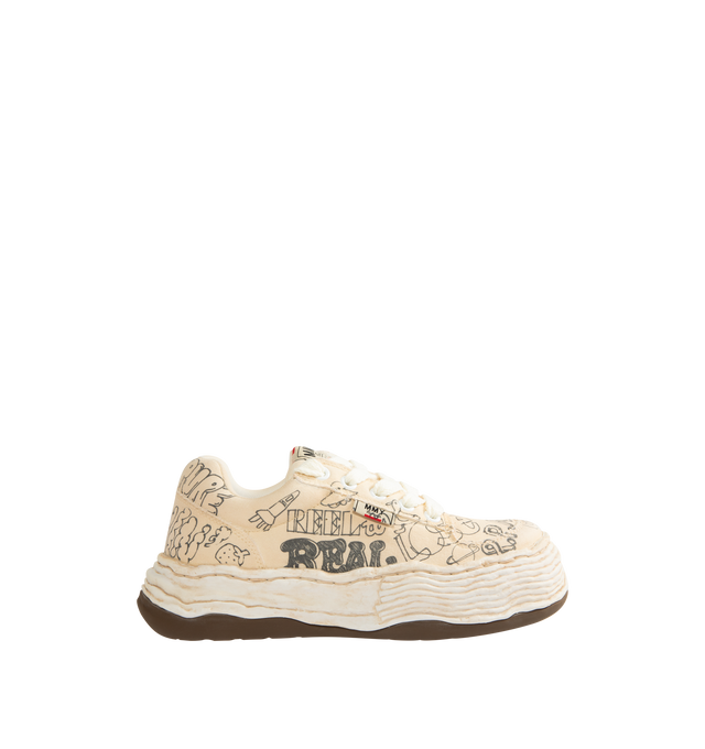 Image 1 of 5 - WHITE - Maison Mihara Yasuhiro Men's Oliver Sneakers feature the brand's signature hand-sculpted OG sole, a graffiti-printed canvas upper, and a bold low-top silhouette for a contemporary statement look. Designed for the Spring/Summer 2026 collection, these designer sneakers combine classic sneaker styling with Maison Mihara Yasuhiro's experimental oversized sole, while vibrant graffiti artwork and intentional vintage detailing create a distinctive, artistic aesthetic. Main Material: 100% Cot 