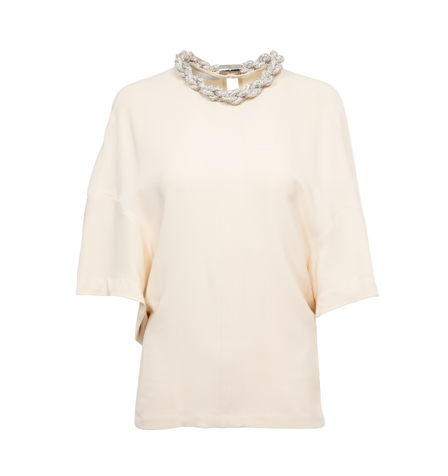 WHITE - STELLA MCCARTNEY Stretch Cady Top featuring drop shoulders, crew neckline, short sleeves, relaxed fit and hook keyhole back. Viscose/elastane. Made in Poland.