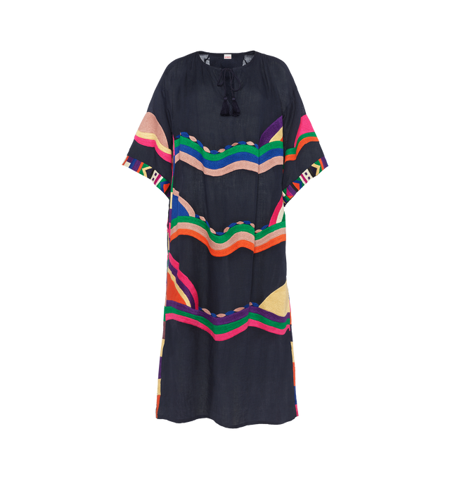 Image 1 of 5 - NAVY - ERES Horizon Long Dress featuring embroidered linen, round neckline with link to tie, short sleeves, multi-colored printed belt, embroidered placed patterns and length above ankles. 100% linen. Made in India. 