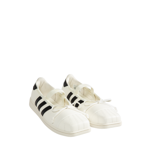 Image 3 of 6 - WHITE - Adidas Women's Jennie Superstar SQ Ballet Shoes are crafted from leather and feature a low-cut silhouette, a squared shell toe, and an elastic closure for easy entry and a secure fit. Finished with a textile sockliner, signature 3-Stripes, Trefoil branding, Jennie co-branding details, and includes optional shoelaces for customization. Main Material: Leather.  