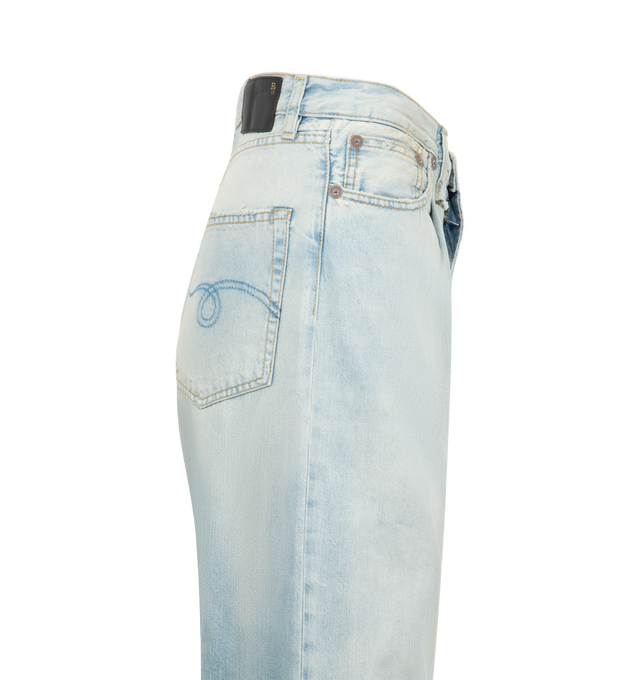 Image 3 of 3 - BLUE - R13 Damon Pleated Wide Leg Jean featuring zip fly with button closure, 5-pocket design, pleated fabric details at waist, whiskering along front and heavily faded and lightly distressed throughout. 100% cotton. Made in Italy. 