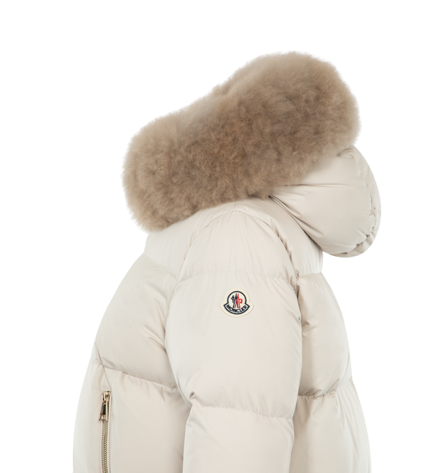 Image 3 of 3 - WHITE - MONCLER Laichefur Short Down Jacket featuring brushed polyester, longue saison lining, down-filled, hood, detachable shearling collar, zipper closure and zipped pockets. 100% polyester. Padding: 90% down, 10% feather. 