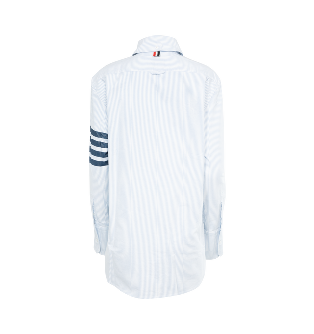 Image 2 of 3 - BLUE - Thom Browne essential cotton shirt with meticulous tailoring. Features front button closure, 4-Bar detail at one sleeve, patch chest pocket, name tag applique above hem at the front, seamed back yoke with locker loop and signature striped grosgrain loop tab. 100% Cotton. 