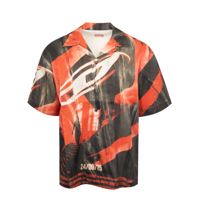Image 1 of 2 - BLACK - DIESEL Hockney Poster Shirt featuring viscose satin, graphic printed throughout, open spread collar, button closure and logo flag at side seam. 100% viscose. Made in Albania. 