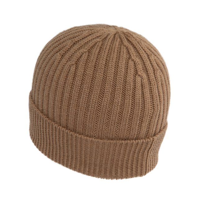 Image 2 of 2 - BROWN - MONCLER Aprs-Ski rib knit beanie hat for men crafted in pure wool rib-knitting with a cuff and an iconic tricolor logo on the front. Breathable and lightweight.100% Virgin wool.  