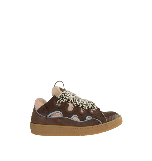 Image 1 of 5 - BROWN - LANVIN Sneakers Skate featuring suede and mesh upper with crepe rubber sole, lace-up front, wide herringbone laces, curved metal eyelets, heavily padded tongue with ribbed pull-loop and embossed metal logo plaque and perforated toe with textured rubber trim. Made in Portugal. 