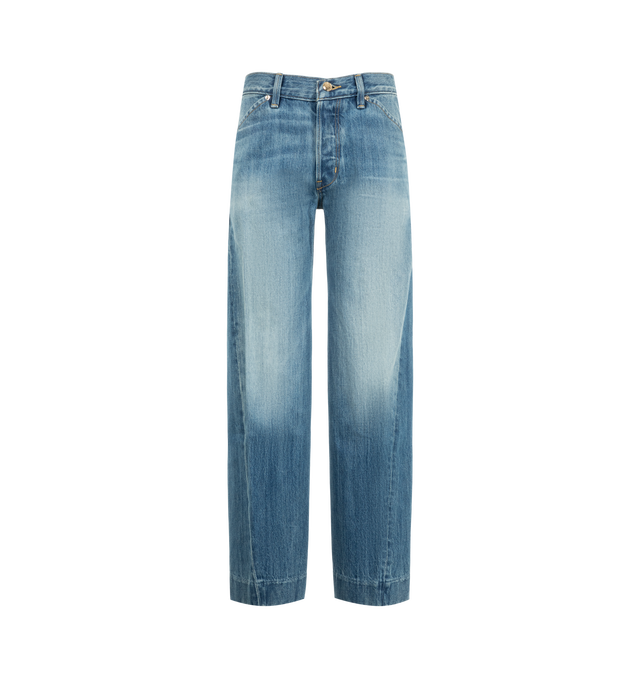Image 1 of 3 - BLUE - Radh Women's The Bijou Jean is crafted from denim and features a mid-rise silhouette with a cropped wide leg in a faded vintage Dubois wash. Designed for a snug fit through the waist and thigh, this designer jean falls into a full, straight leg that balances structure with ease and is finished with Radh's signature semi-precious gold-tone hardware. Main Material: 5% Regenerative Cotton, 25% Recycled PIW Denim. Hardware: Made in Italy with 60% recycled brass and 100% recycled stainless  