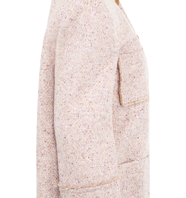 Image 3 of 3 - PINK - CHLOE Wool Blend Tweed Coat featuring single-breasted, collarless coat in chin wool tweed with jewelry buttons through front, chest and front patch pockets and fringed trims. 81% wool, 19% polyamide. Lining: 51% viscose, 49% cotton. 