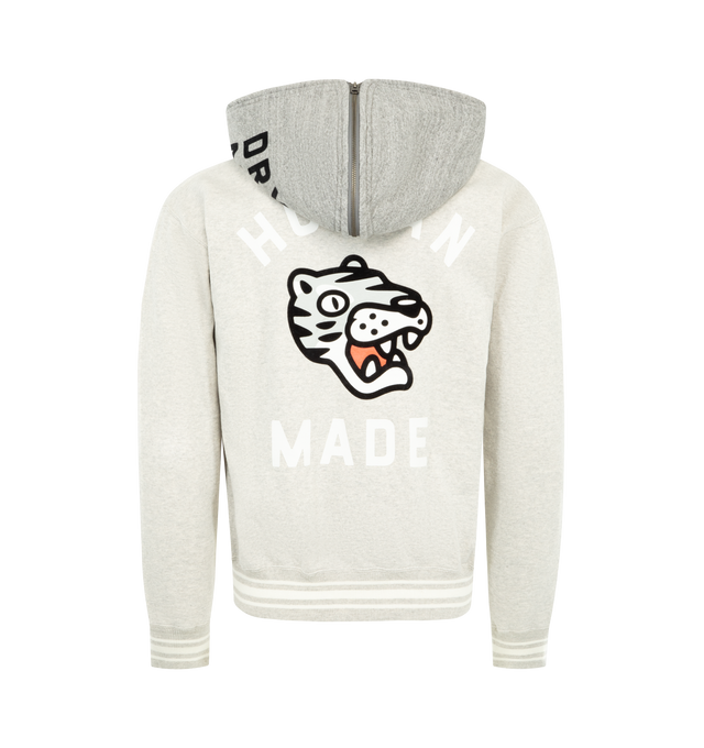 Image 2 of 3 - GREY - HUMAN MADE Zip-Up Hoodie featuring heavyweight cotton, H logo graphic at chest, large logo print at rear, zip closure, two front pockets, ribbed cuffs and hem with stripes and zippered hood. Cotton. 