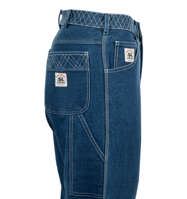 Image 3 of 4 - BLUE - BODE Embroidered Denim Knolly Brook Trousers featuring straight-leg fit, hammer loop detail, button and zip fastening, embroidery along the waistband and hem and a "Knolly Brook, a Bode Product" label above the front right pocket. 100% cotton. 