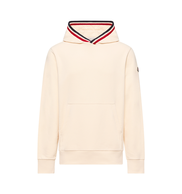 Image 1 of 1 - CREAM - Moncler Men's Cotton Fleece Hoodie is crafted from cotton fleece and features a regular-fit silhouette, an adjustable hood, and the brand's signature logo patch. Designed as an everyday essential, this minimalist sweatshirt combines comfort and versatility with clean, streamlined styling. Main Material: 100% Cotton. Hood: 100% Cotton. Hood Lining: 100% Cotton. Hem Rib: 95% Cotton, 5% Elastane. Cuff Rib: 95% Cotton, 5% Elastane.  