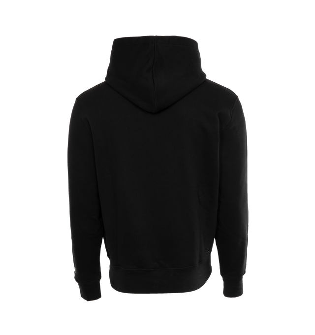 Image 2 of 3 - BLACK - AMIRI Staggered Hoodie featuring logo-lettering patches to the front, drawstring hood, long sleeves, front pouch pocket, straight hem and french terry lining. 100% cotton.  