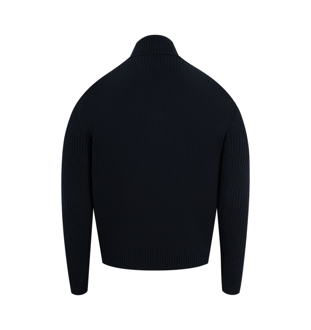 Image 2 of 3 - NAVY - Padded Wool Zip-up Cardigan featuring down-filled front, padded, rib knit, gauge 7, zipper closure, pockets with snap button closure and leather logo patch. 100% virgin wool. 100% polyamide/nylon. Padding: 90% down, 10% feather. 