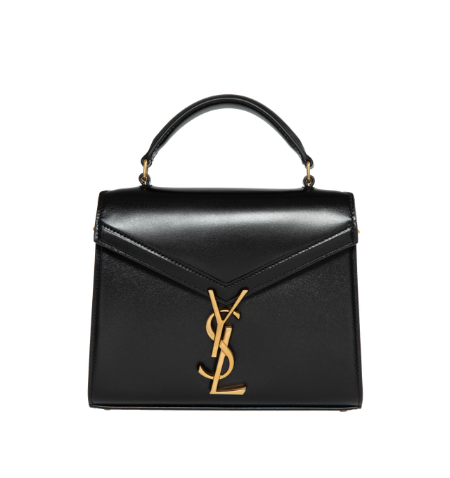Image 1 of 3 - BLACK - SAINT LAURENT CASSANDRA MINI TOP HANDLE BOX BAG with front flap and pivoting metal Cassandre closure, featuring leather top handle, adjustable and detachable shoulder strap, bronze tone metal hardware,  leather lining, 2 interior compartments, one interior flat pocket, one exterior dossier pocket, four metal feet. Measures  7.8 X 6.2 X 2.9 inches with 20 inch drop shoulder strap. Calfskin leather. Made in Italy. 