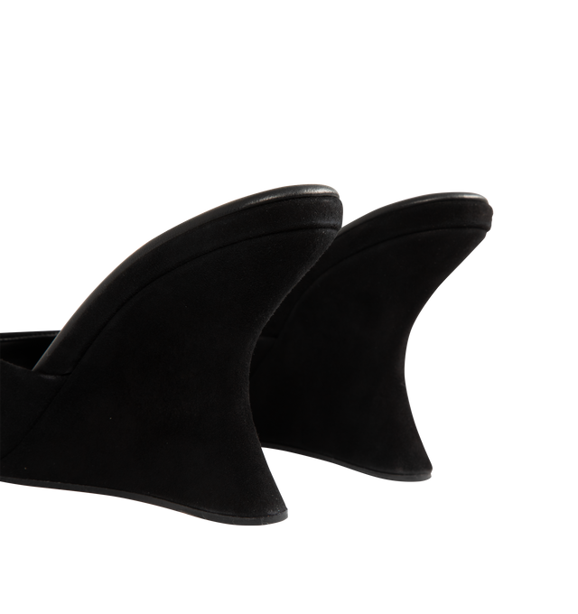 Image 3 of 4 - BLACK - Aquazzura Bisous mules are crafted from suede featuring a peep-toe silhouette, sculptural 95mm / 3.8 inch high wedge heel, leather lining, leather insole and sole. Made in Italy. 