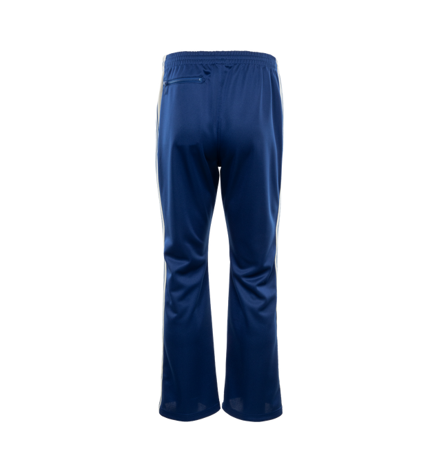 BLUE - NEEDLES Boot Cut Track Pants featuring polyester jersey, concealed drawstring at elasticized waistband, three-pocket styling, pinched seam at front legs, striped trim at outseams and partial mesh lining. 100% polyester. Made in Japan. 