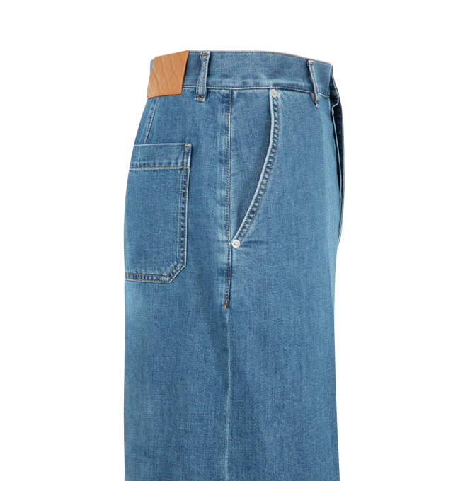 Image 3 of 3 - BLUE - Bottega Veneta Mens Wide-Leg Denim Shorts are crafted from lightweight washed denim. Feature a wide-leg silhouette, button closure, and embossed Intrecciato leather back patch. Main Material: Denim; Leather Trim: Intrecciato Leather. Made in Italy. 