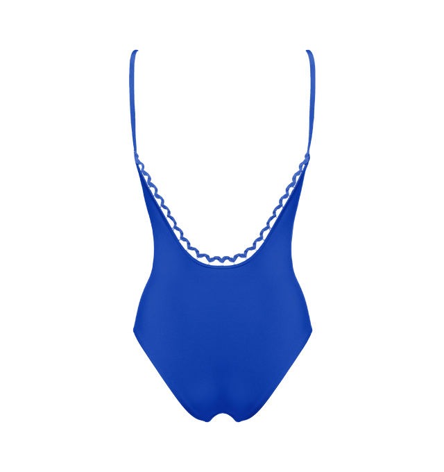 Image 2 of 6 - BLUE - ERES Fantasy One-Piece Tank Swimsuit featuring thin straps, rick rack edge suspended by a nylon thread around the neckline, upper back, underarms with a round deep back. Main: 84% Polyamid, 16% Spandex. Second: 93% Polyamid, 6% Spandex, 1% Polyester. Made in France. 