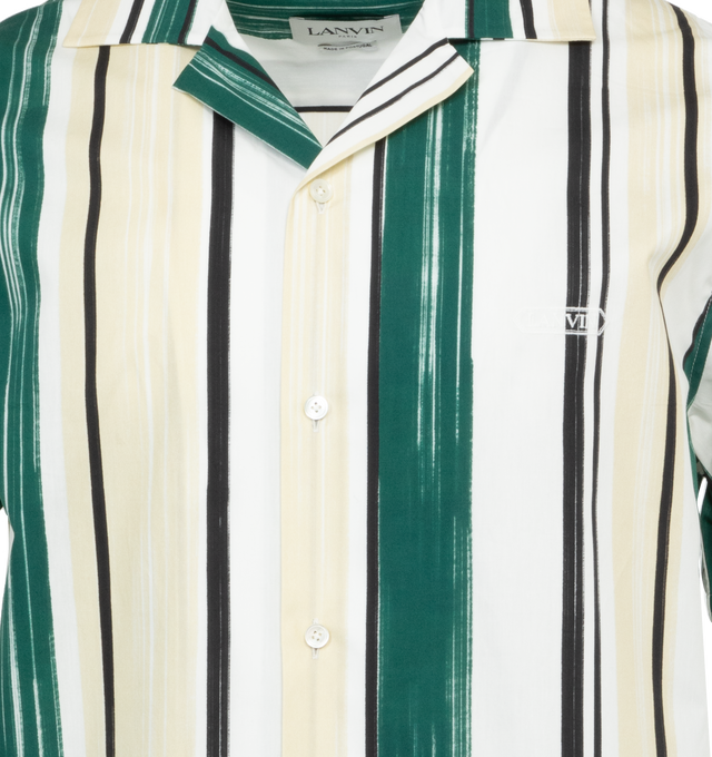 Image 3 of 3 - GREEN - LANVIN Printed Bowling Shirt featuring pointed collar, front buttoned fastening, white embroidered logo on the chest, short sleeves, straight hem and stripes printed pattern all-over. 100% cotton.  