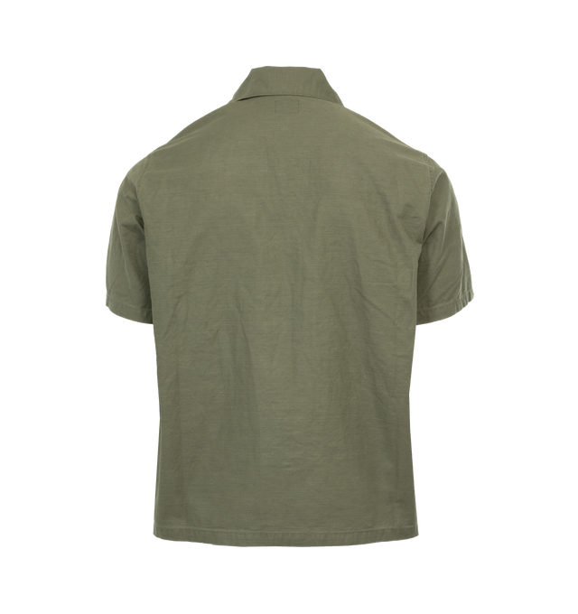Image 2 of 3 - GREEN - NEEDLES Fatigue Shirt featuring short sleeves, collar, front flap pockets and button closure. 100% cotton. Made in Japan. 