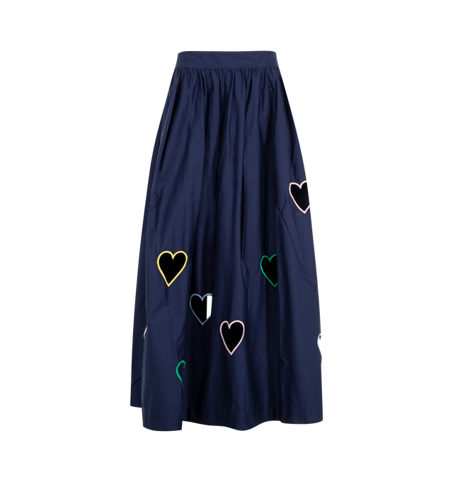 Image 1 of 3 - NAVY - Mira Mikati Women's Heart Cut Out Long Skirt is crafted from lustrous cotton sateen and features a mid-rise silhouette with a sweeping floor-length design. A signature style from the collection, this statement skirt is detailed with playful rainbow heart cut-outs, side pockets, and a center-back zip closure, making it a standout choice for day-to-evening dressing. Main Material: 100% Cotton.  