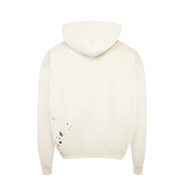 Image 2 of 3 - NEUTRAL - Maison Mihara Yasuhiro Kids Sticker Hoodie is crafted from cotton and features a relaxed silhouette with a drawstring hood, front kangaroo pocket, and signature Sticker graphic artwork for a playful contemporary look. This designer hoodie combines everyday comfort with Maison Mihara Yasuhiro's distinctive streetwear aesthetic, making it an easy layering piece for everyday wear. Main Material: 100% Cotton. Made in Japan. 