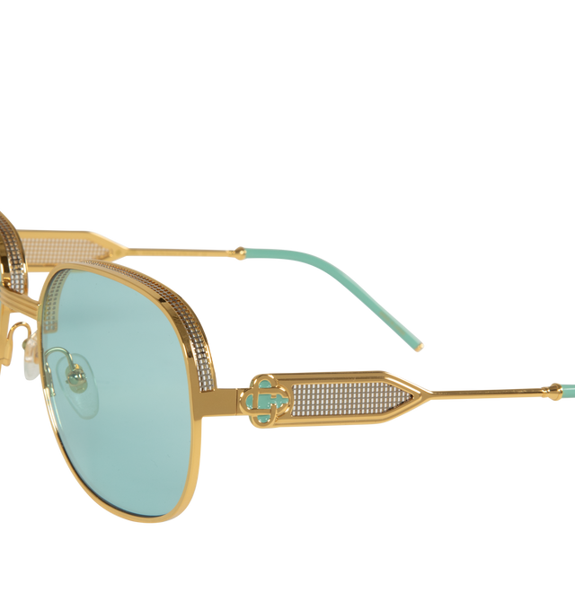 Image 3 of 3 - GOLD - CASABLANCA Square Sunglasses featuring square metal-frame, mesh trim at rims and temples, green lenses, adjustable rubber nose pads, enameled logo hardware at temples and logo-engraved hardware at acetate temple tips. Metal, acetate. Made in Japan. 