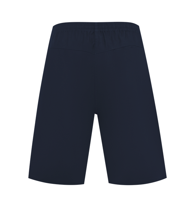 Image 2 of 3 - NAVY - HUMAN MADE Beach Shorts featuring shiny, firm cotton twill fabric, iconic heart logo on the front left hem, pockets on both sides and the right hip and waist cord with the brand logo. 100% cotton.  
