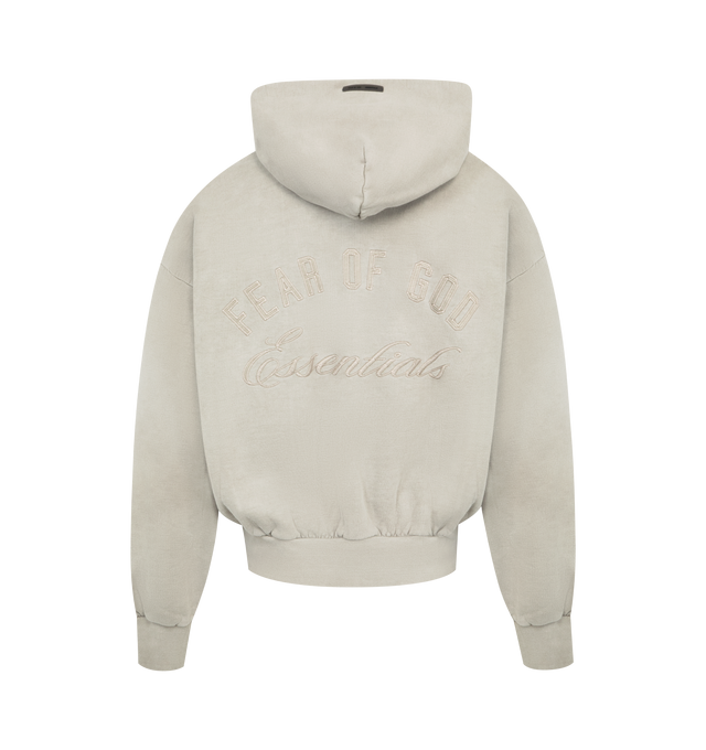 Image 2 of 3 - GREY - FEAR OF GOD ESSENTIALS Embroidered Classic Full Zip Hoodie featuring 520gsm heavy fleece treated with a pigment dye, classic silhouette, embroidered Fear of God Essentials logo on the back, side pockets, rib-knit cuffs and waist-hem and a Fear of God Essentials rubberized label stitched at the back collar. 100% cotton. 