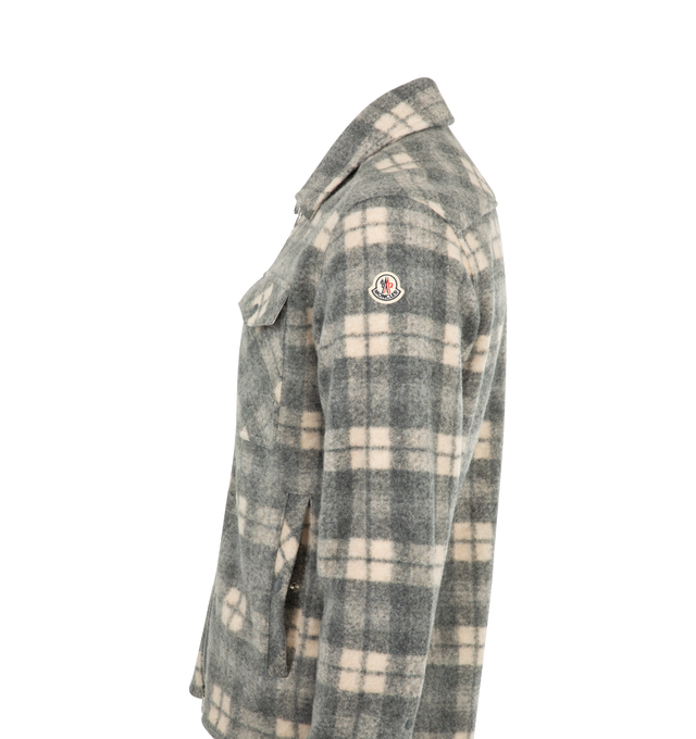Image 3 of 3 - GREY - MONCLER Plaid Overshirt featuring exposed front zipper closure, chest flap pocket, side seam pocket with button snap closures, logo detail at left sleeve and flannel fabric. 82% polyester, 13% wool, 5% acrylic. Made in Romania. 