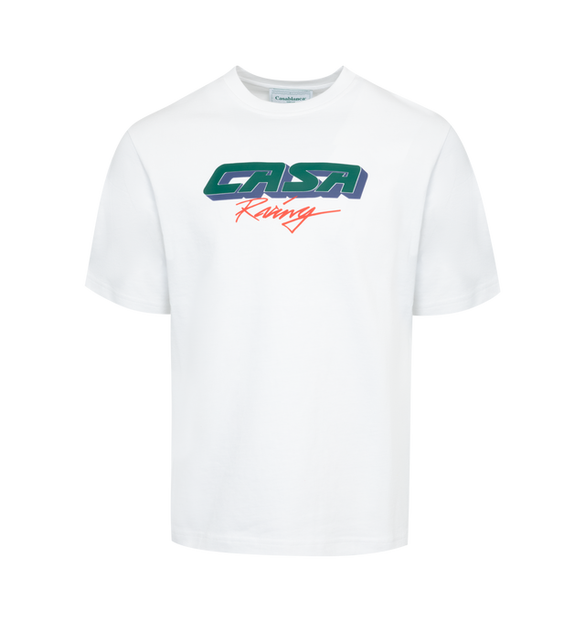 Image 1 of 2 - WHITE - CASABLANCA Casa Racing 3D T-Shirt featuring organic cotton, oversized fit, rib knit crewneck, graphic printed at front and dropped shoulders. 100% organic cotton. Made in Portugal. 