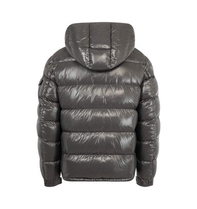 Image 2 of 4 - GREY - MONCLER Maya Jacket featuring nylon laqu lining, down-filled with boudin quilting, detachable hood with snap buttons, adjustable with drawstring fastening, two-way zipper closure, zipped pockets, adjustable, elasticized cuffs with snap buttons, hem with drawstring fastening, flap patch pocket on sleeve and felt Moncler logo on sleeve. 100% polyamide/nylon. Padding: 90% down, 10% feather. 