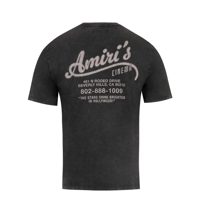 Image 2 of 2 - BLACK - AMIRI Cinemas Vintage Tee featuring the seasonal logo on the front and back, short sleeves, crew neck and distressing on collars, cuffs, and hem for a well-worn effect. 100% cotton.  