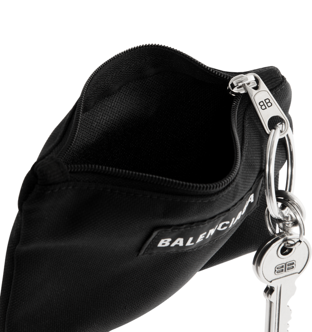 Image 3 of 3 - BLACK - BALENCIAGA Charm Zipped Pouch in recycled nylon featuring Balenciaga logo patch at front, aged-silver hardware, 1 main zipped compartment and can be attached to the bag or be used as a keychain. L5.1 x H4.3 x W0.4 inch. Polyamide, polyester, polyurethane, cotton, viscose, zamak. Made in Italy. 