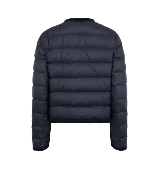 Image 2 of 3 - NAVY - Moncler Gencay Down Jacket has a jewel neck, a front snap closure, chest patch pockets, braided trim, and channel quilting. Lined. 90% down, 10% feather fill. 100% polyester exterior. Made in Romania.  