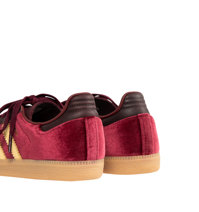 Image 3 of 5 - RED - ADIDAS Samba OG Sneaker featuring a luxe velvet and smooth leather upper, regular fit, lace closure, three stripes, synthetic lining and rubber outsole. 