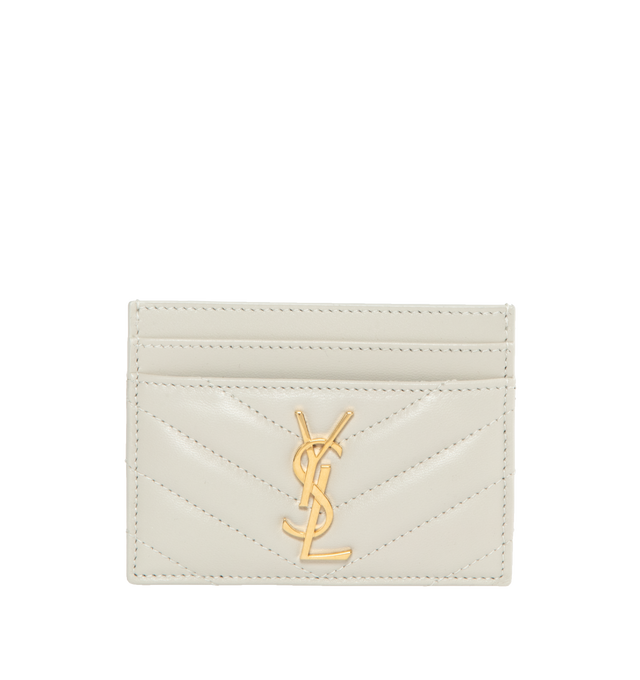 Image 1 of 3 - WHITE - SAINT LAURENT Monogram Card Case featuring five card slots, gold tone hardware, cassandre and chevron-quilted overstitching. 4 X 2.8 X 0.1 inches. 100% lambskin. Made in Italy.  