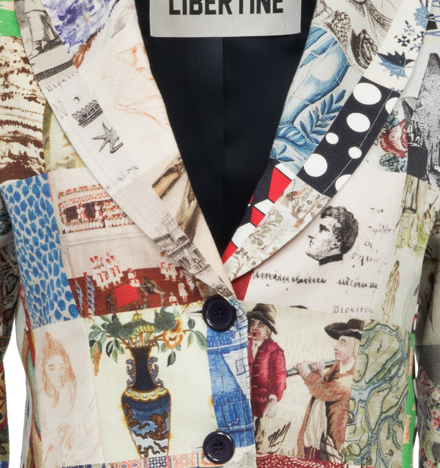 Image 5 of 10 - MULTI - LIBERTINE Bloomsbury Collage Printed Blazer Jacket featuring peak lapel collar, button closure, long sleeves, front patch pockets, mid-length and relaxed fit. Flax/linen. Lining: polyester. Made in USA. 