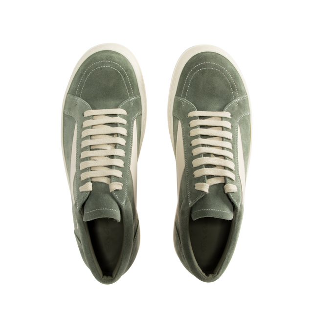 Image 5 of 5 - GREEN - Rick Owens Vintage Low-Top Sneakers are a lace-up style with graphic leather appliques and serrated soles. Velour suede and full-grain calf leather upper, lining and insole. Rubber sole.  