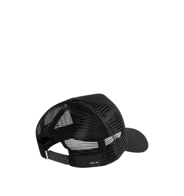 Image 2 of 3 - BLACK - AMIRI 3 Star Trucker Hat featuring adjustable backstrap, front leather applique detail and leather logo patch at back. 100% cotton. Made in USA. 