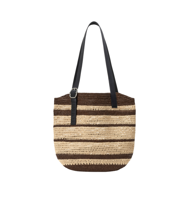 Image 2 of 5 - BROWN - LOEWE PAULA'S IBIZA Loop Basket Bag in raffia featuring two-tone stripes, suitable for a 13 inch laptop, shoulder or hand carry, adjustable handles, unlined, leather trimmings and leather buckled handles with embossed LOEWE. Raffia. 41 cm x 45 cm x 15 cm. Made in Spain. 
