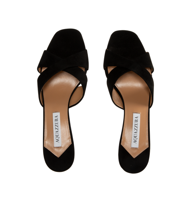 Image 4 of 4 - BLACK - Aquazurra Divine Mules are a slip-on style with signature logo detailing, crossover front straps, and a mirrored leather effect. Made in Italy.  