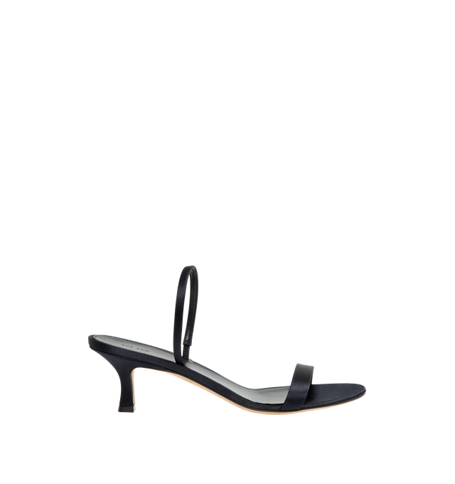 Image 1 of 4 - NAVY - THE ROW Ella Kitten Slingback Heel featuring heeled sandal in satin with almond toe, slim heel and toe straps with concealed elastic band and leather sole. 2 in. heel. 72% viscose, 28% silk. Lined in 100% lambskin leather. Calfskin leather sole. Made in Italy. 
